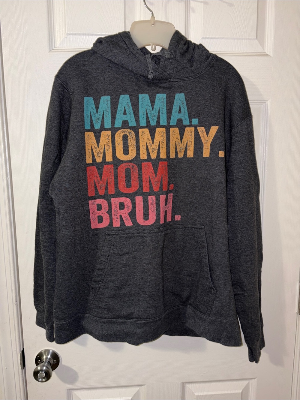 Port and Company Charcoal Hoodie with Teal, Yellow, Red, and Pink Text
